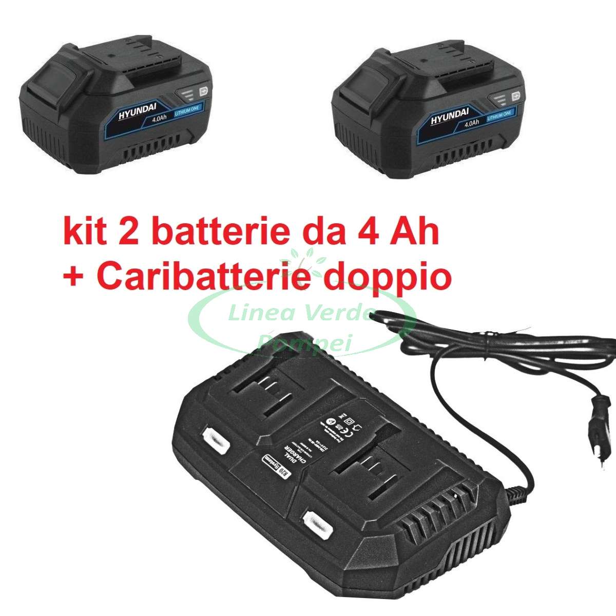 Linea Verde Pompei  Prodotto: 7792 - ENERGY KIT 4 - COMPRENDE numero 2  batterie al litio da 20 Volt - 4Ah Hyundai cod.25010 - più numero 1  caricabatterie doppio Hyundai 20V - 3A Cod. 25040 - Hyundai ( - Accessori  per Macchine);